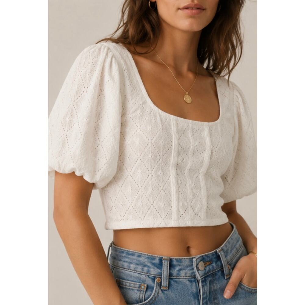 Zara Puff Sleeve Eyelet Knit Crop Top L Ivory Romantic Cottagecore